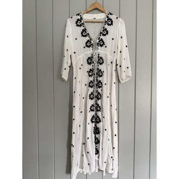 Free People Fable Embroidered Boho Midi Dress S Small White Black 3/4 Sleeves - Picture 1 of 5
